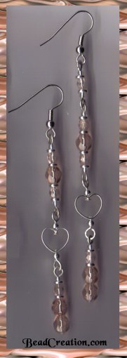 silver dangle earrings with heart,silver earrings, coral pink glass earrings long