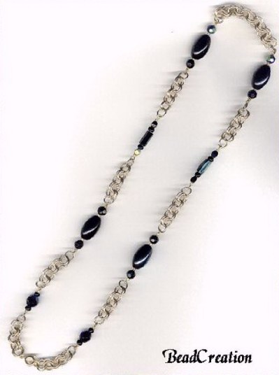 Beaded Gold Chain Necklace in Black Iridescent Beads